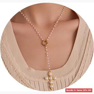 18K Gold Plated Pearl Cross Choker Necklace 22" Stainless Steel Dainty Pendant